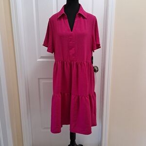 Tahari Babydoll Swing Dress Size Large Pink Short Sleeved Flowy Tiered NEW
